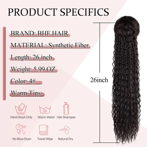 Vista 2 de Extensión de cola de caballo larga con cordón sintético de 26 pulgadas, moño rizado 4# Clip en extensión de pelo para mujer