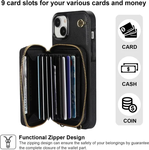 Vista 3 de Bocasal Funda tipo cartera cruzada para iPhone 15 Plus, funda de piel con bloqueo RFID y soporte para tarjetas, funda protectora con cremallera