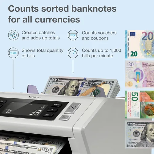 Vista 2 de Safescan Máquina contadora de dinero 2210 con detección de falsificaciones, multimonedas, modos de agregar/lote, pantalla LCD, recuentos de alta