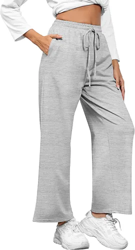 Vista 4 de Locoowai Paquete de 2 pantalones deportivos de pierna recta para mujer, con cordón, cintura elástica, holgados, pierna ancha, pantalones casuales