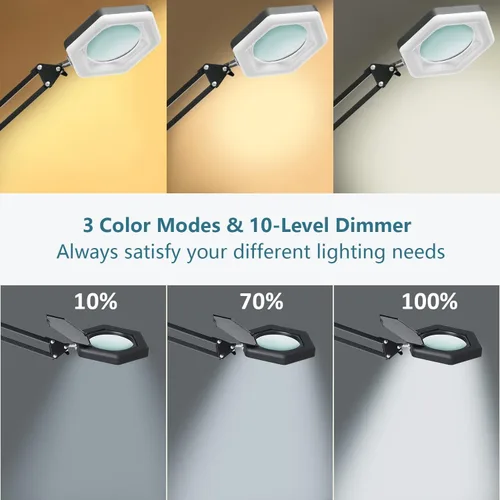 Vista 3 de Lupa con luz y soporte, lámpara de escritorio con lupa LED regulable con abrazadera, 3 modos de color, luces de aumento manos libres para trabajo