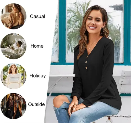 Vista 5 de HOTGIFT Blusa tipo túnica de manga larga con cuello en V y botones para mujer 2026