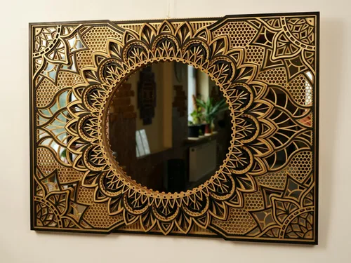 Vista 7 de BHDecor Espejo para decoración de pared para el hogar, marco tallado con corte láser, elegante mandala de madera para colgar, paneles de MDF
