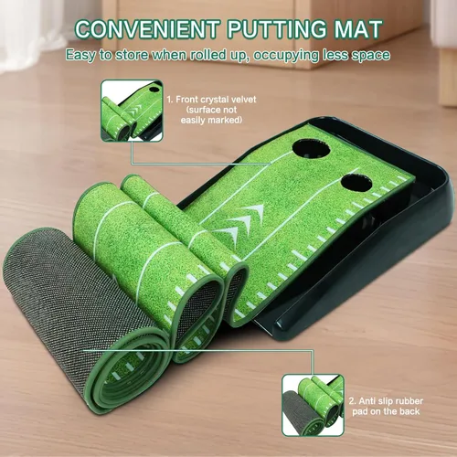 Vista 2 de Losbenco Putting Green - Juego de golf para interiores con putter y 6 bolas, tapete de práctica de golf portátil con sistema de retorno automático