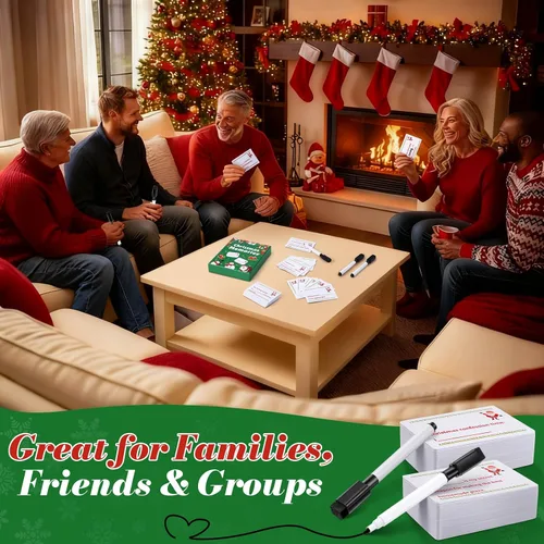 Vista 6 de Juego de cartas de Navidad para noche de juegos familiares, 120 tarjetas con 10 marcadores de borrado en seco, divertidos juegos de mesa para grupos