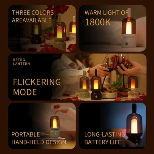 Vista 2 de Lámpara de mesa LED retro portátil, linterna LED vintage con batería inalámbrica, lámpara de escritorio USB, luz nocturna de campamento