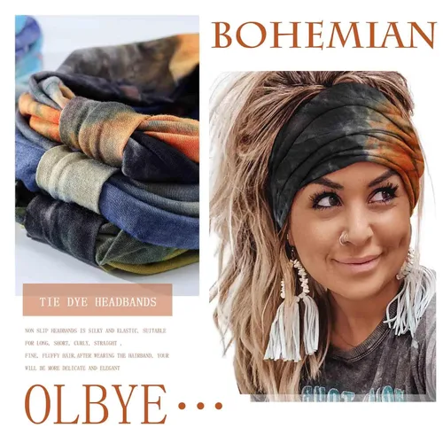 Vista 4 de Olbye Diademas anchas para mujer, diademas bohemias anudadas, diadema turbante anudada, teñido anudado, bandas elásticas antideslizantes
