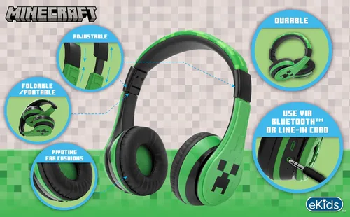 Vista 3 de eKids Minecraft - Auriculares inalámbricos Bluetooth con micrófono, reducción de volumen para la escuela