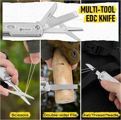Vista 8 de BIBURY Cuchillo de bolsillo multiherramienta BI2056, cuchillo multiherramienta de acero inoxidable con clip, cuchillo plegable multiherramienta EDC