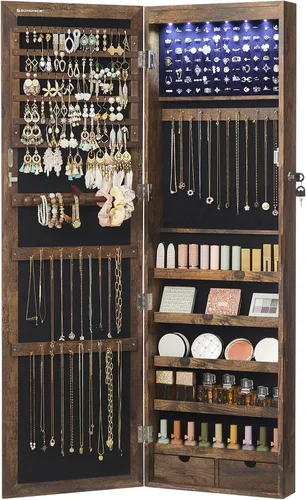 Vista 15 de Songmics - UJJC093B01 - Armario para joyas que se puede cerrar con llave, de montaje en pared o puerta, con espejo de 6 luces LED, para Negro