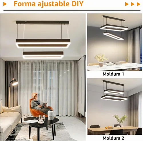 Vista 6 de Candelabros modernos para sala de estar, 2 anillos rectángulos, lámpara colgante de isla de cocina, lámpara LED regulable para comedor y dormitorio
