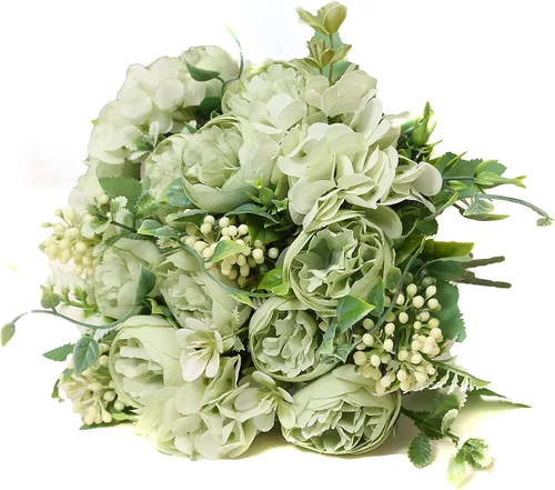 Vista 10 de Ramo de flores artificiales de seda artificial, 5 ramas, rosas pequeñas para bodas, hogar, oficina, mesas, decoración, 4 paquetes (champán)