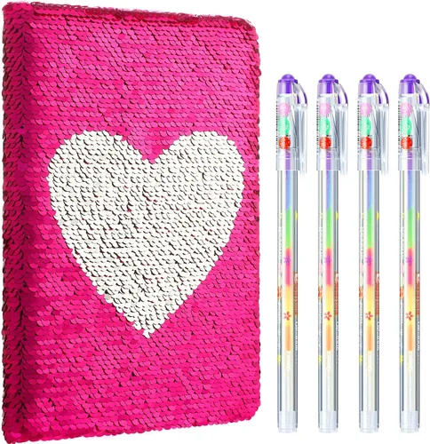 Vista 14 de Outus Juego de diario de lentejuelas para niñas con 4 bolígrafos de tinta de gel de color, diario reversible, cuaderno de lentejuelas con purpurina