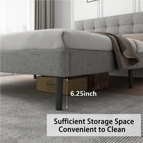Vista 4 de Lijimei Base de cama Queen con cabecero, base de cama tapizada con soporte de listones de madera y cabecera cosida copetuda, base de colchón,