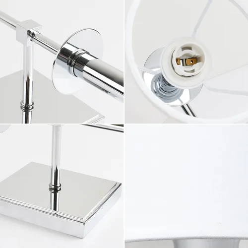 Vista 6 de PERMO Aplique de pared industrial rústico clásico individual con pantalla textil blanca acampanada y soporte de columna cónico cromado