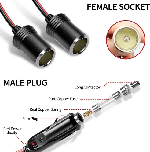 Vista 3 de Energeaster Divisor de encendedor de cigarrillos de coche de 16 pulgadas de 1 a 2 con luz LED, enchufe de 12 V 24 V, divisor de 2 vías Y, cable