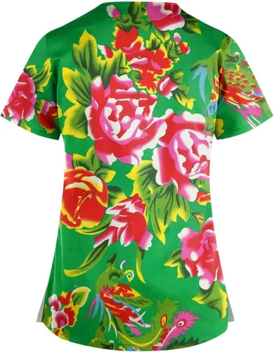Vista 3 de BDPORKAS Womens Slacking Tunic Short Sleeve Tee Spring V Neck Fit Scrub Uniform with Pocket Print Lightweight Tops