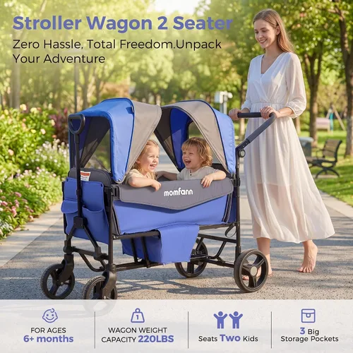 Vista 2 de Wagon Stroller for Kids, All Terrain Stroller Wagon with Removable Canopy, Toddler Wagon Stroller with Adjustable Push and Pull Handlebar, Large