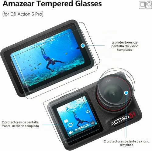 Vista 2 de AMAZEAR Action5 Pro - Protector de pantalla de lente para DJI Osmo Action 5 Pro (2 juegos), protector de vidrio templado, pantalla OLED, Ultra HD