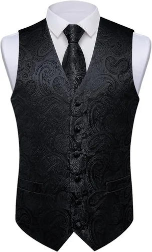 Vista 7 de DiBanGu Conjunto de chaleco de corbata y corbatín para hombre, chaleco de Negro