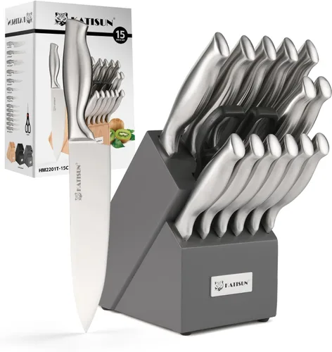 Vista 8 de Juego de cuchillos de cocina de 15 piezas con afilador integrado, juego de bloques de cuchillos de acero inoxidable alemán, apto para lavavajillas