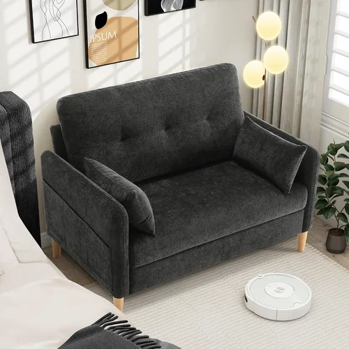Vista 12 de Hanherry Sofá Loveseat, Sofá Pequeño de 47" para Sala de Estar, Cómodo Asiento de Amor de Tela Chenilla para Dormitorio con Almohada Decorativa