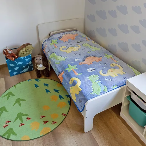 Vista 6 de Manta de dinosaurio que brilla en la oscuridad para niños, manta suave de forro polar azul. Gran regalo de dinosaurio para niños, nietos, bebés