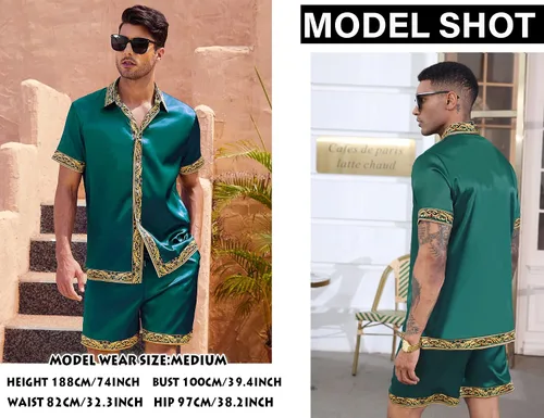 Vista 2 de Conjunto de camisa hawaiana y pantalón corto para hombre, conjunto de 2 piezas, estampado de lujo, casual, con botones, manga corta, camisa de satén