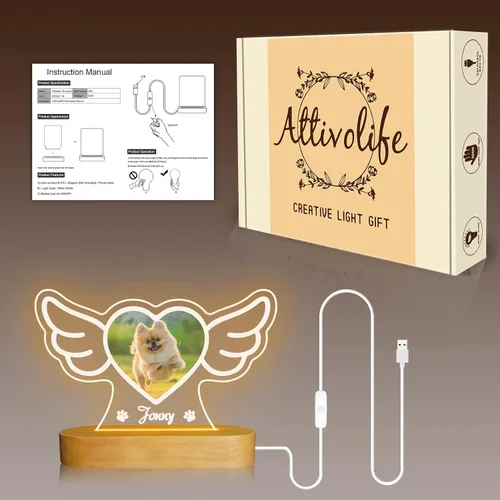 Vista 6 de Attivolife Luz nocturna de madera personalizada con temática de mascotas, lámpara LED de color cálido con el nombre de tu perro, imagen de perro