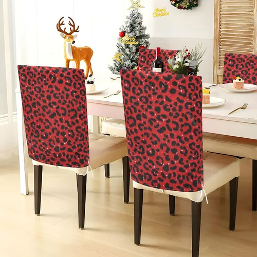 Vista 4 de Juego de 6 fundas de asiento decorativas rojas con estampado de leopardo con purpurina falsa para sillas para el hogar, restaurante, banquete