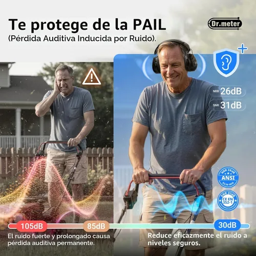 Vista 2 de Dr.meter Orejeras de protección auditiva, orejeras de seguridad con reducción de ruido de 31 dB con diadema ajustable para adultos y niños