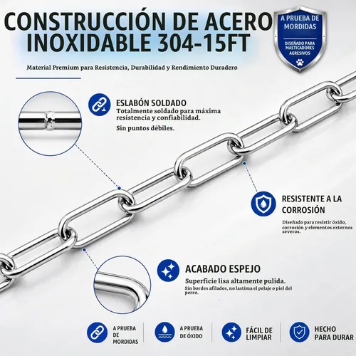Vista 5 de Cadena de amarre para perro de 15 pies para exterior, correa de cadena de acero inoxidable resistente con resorte que absorbe los golpes para perros