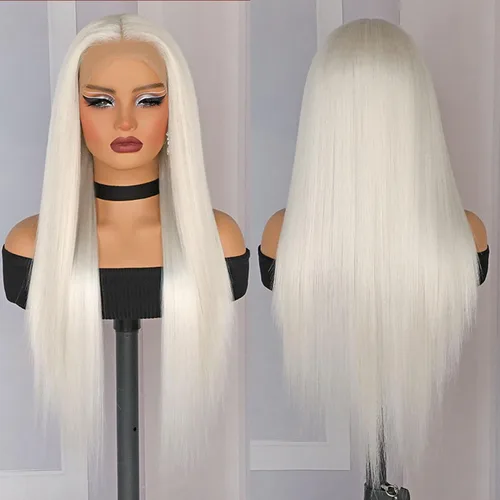Vista 5 de Lovestory Peluca de encaje frontal larga y recta color blanco platino, predepilada, rubio platino, pelucas de encaje frontal sintético para mujeres