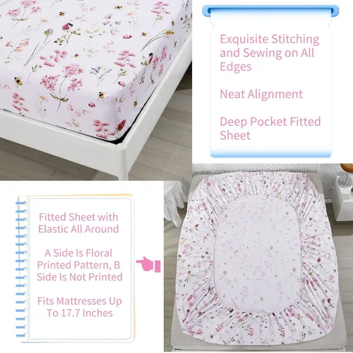 Vista 5 de RYNGHIPY Juego de sábanas de algodón con estampado floral de abejas Shabby, con fundas de almohada, juego de ropa de cama de algodón egipcio