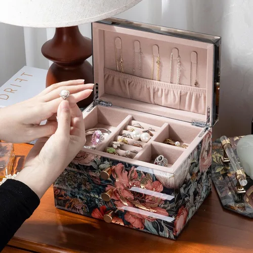 Vista 3 de Joyero de cristal con patrón floral, organizador de joyas de 3 niveles para mujeres y niñas, cajas decorativas de regalo de joyería, organizador