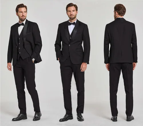 Vista 4 de YND Conjunto de esmoquin de 3 piezas para hombre, ajuste delgado, cuello de chal de un botón, chaleco de color liso, con corbatín