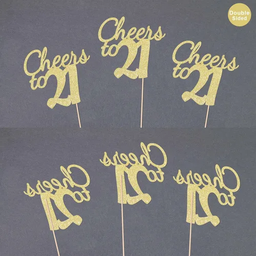 Vista 3 de Gexolenu Cheers to 21, paquete de 10 centros de mesa con purpurina dorada de doble cara para cumpleaños número 21 para mesas, palitos decorativos