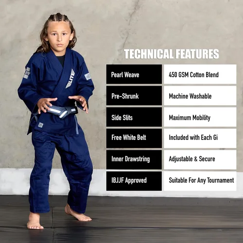 Vista 5 de Elite Sports Kids BJJ GI - Kimono brasileño Jiujitsu Gi con tela preencogida y cinturón, para niños y jóvenes, aprobado por la IBJJF