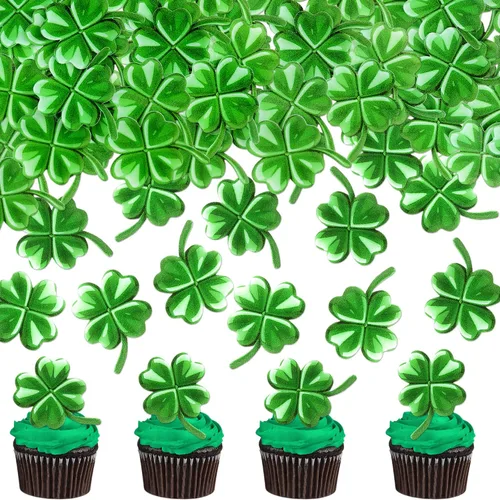 Vista 15 de Juego de 1 palillos para tartas de trébol, decoración de trébol con purpurina verde dorada para cumpleaños, baby shower, suministros de fiesta