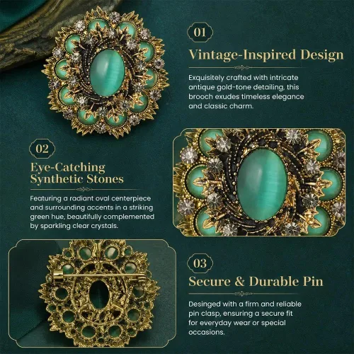 Vista 4 de Broche de piedra de ojo de gato barroco vintage para mujer, pin de solapa unisex Verde