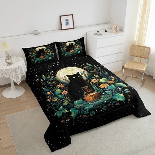 Vista 3 de Castle Fairy Juego de edredón con diseño de gato lindo para niños, tamaño twin, juego de ropa de cama con hojas de flores, luna, noche y cielo