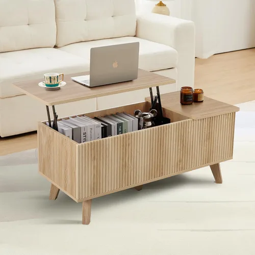 Vista 2 de Mesa auxiliar bohemia con tapa elevable con almacenamiento para sala de estar, dormitorio, mesa auxiliar rectangular baja acanalada con cajones