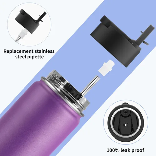 Vista 7 de koodee Botella de agua de acero inoxidable de 16 onzas con aislamiento al vacío de doble pared con pajilla, paquete de 2 botellas de agua deportivas