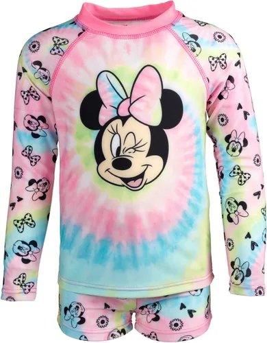 Vista 3 de Disney Minnie Mouse - Conjunto de traje de baño con protección UPF 50+ y pantalones cortos de natación para bebés y niños grandes