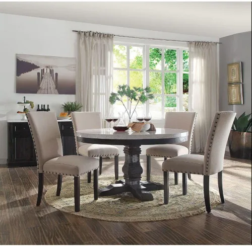 Vista 8 de Juego de muebles de cocina con tapa de mármol blanco juego de mesa de comedor de madera (mesa redonda+6 sillas)