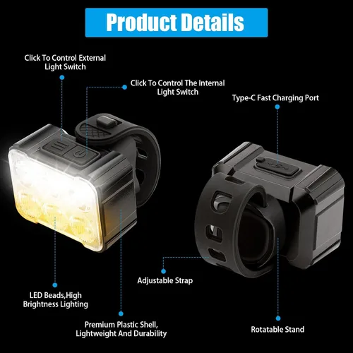 Vista 2 de 2 luces para bicicleta, luces delanteras y traseras, juego de luces de bicicleta recargables por USB, 6+12 modos, luces impermeables IPX4