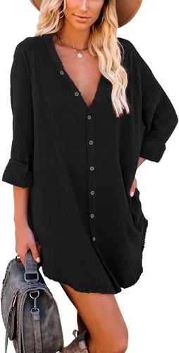 Vista 2 de iGENJUN Womens Long Sleeve Beach Cover-ups Button Down Oversized Tunic Dress Shirt Boho Dresses with Pockets