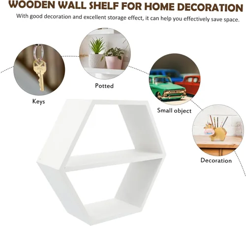 Vista 5 de IMIKEYA Estante de madera montado en la pared pequeño organizador de mesita de noche almacenamiento maceta soporte diseño hexagonal 1pc