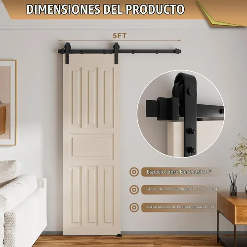 Vista 4 de Kit de herrajes para puerta corrediza de granero de 5 pies, riel resistente