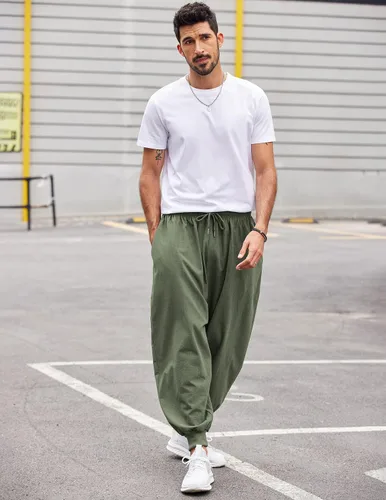 Vista 3 de COOFANDY Pantalones de harén hippie para hombre, holgados, de lino, bohemio, para yoga, casual, con entrepierna caída, pantalones